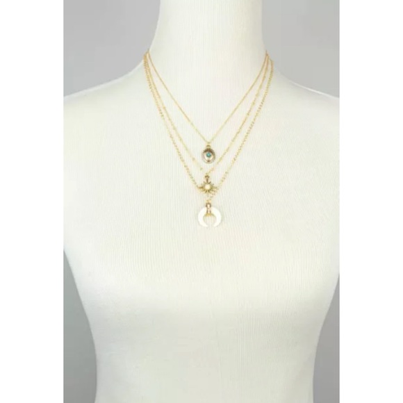 Gold Three Row Star Crescent Boho Charm Necklace - Picture 3 of 3